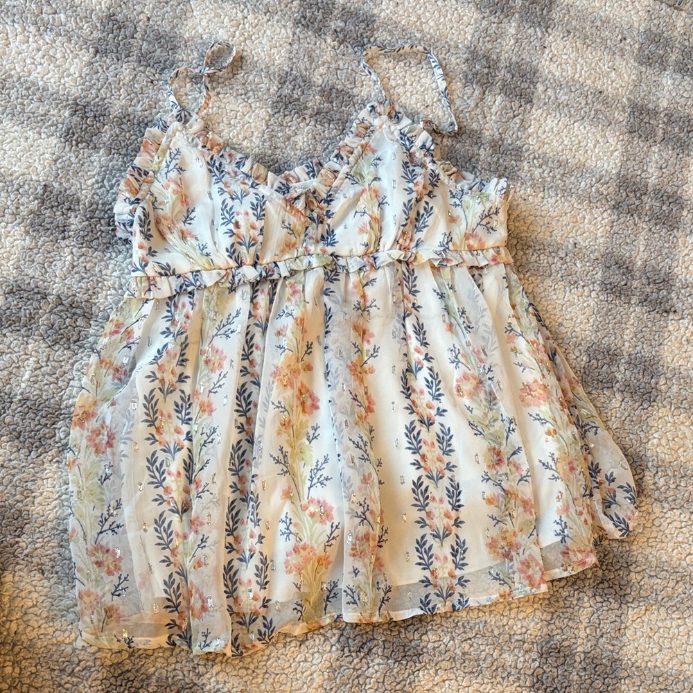 En Creme Floral Ruffle Top in Cream and Blue • Sz Medium
